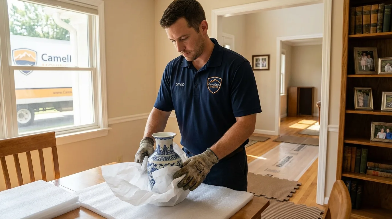 Professional crew carefully wrapping antique vase for senior downsizing move in Honolulu, HI